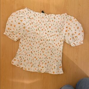H&M Cream Floral Smocked Blouse